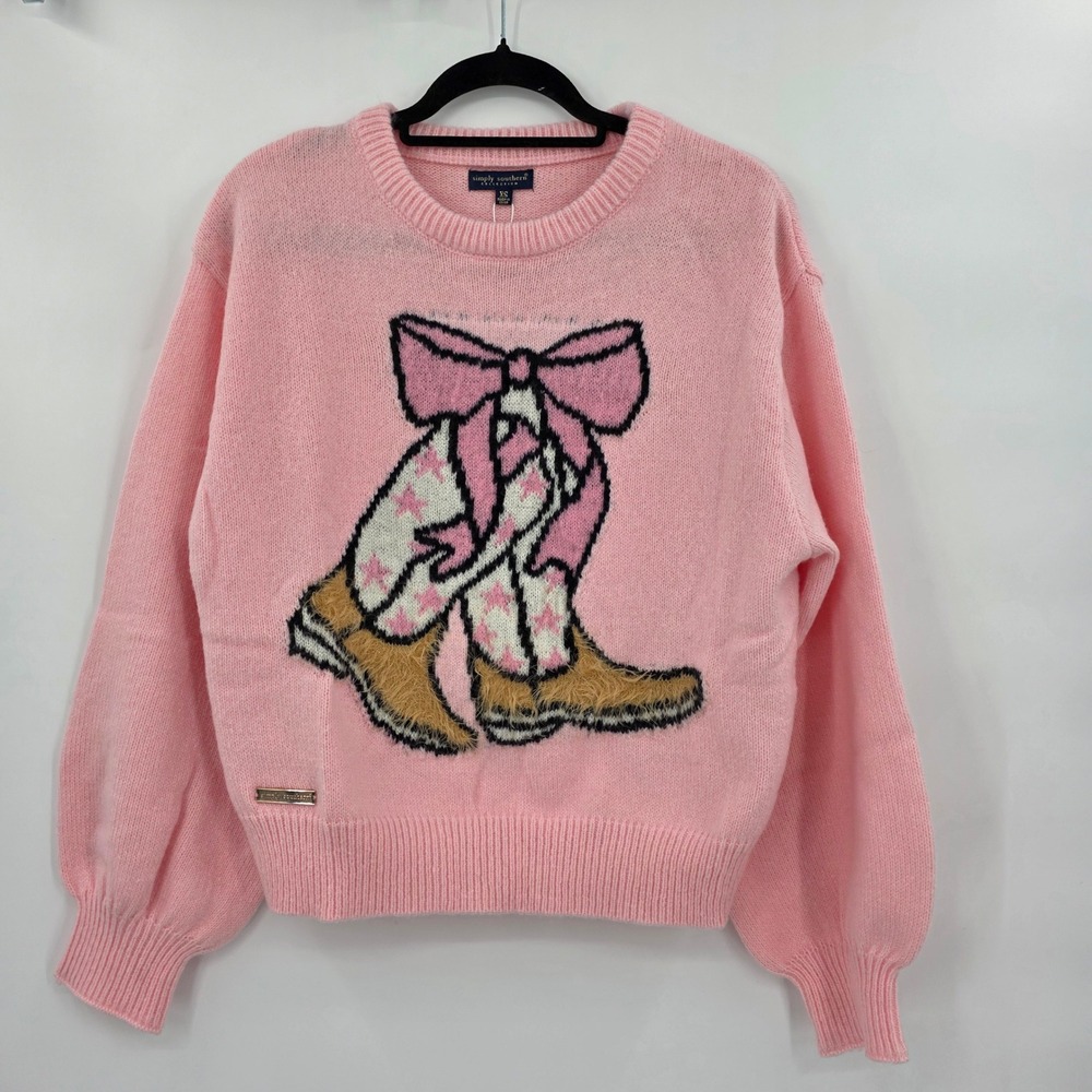 SIMPLY SOUTHRN Pink Cowgirl Boots Bow Knit Sweater Women's Cozy Pullover S NWT - Picture 2 of 8